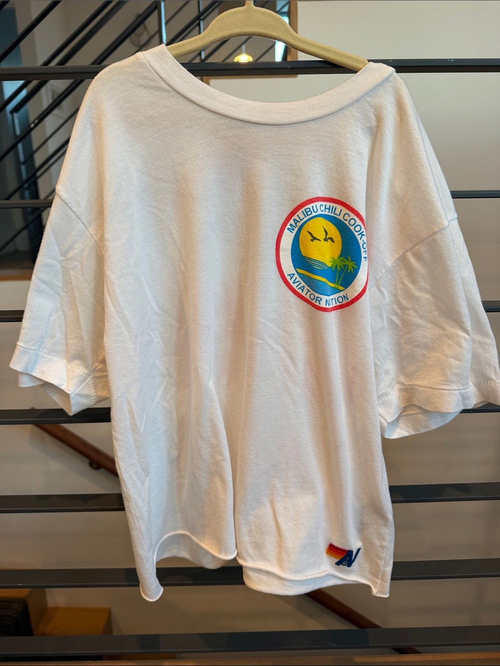 Aviator Nation White Crop Tee with Yellow & Blue Sunset Patch